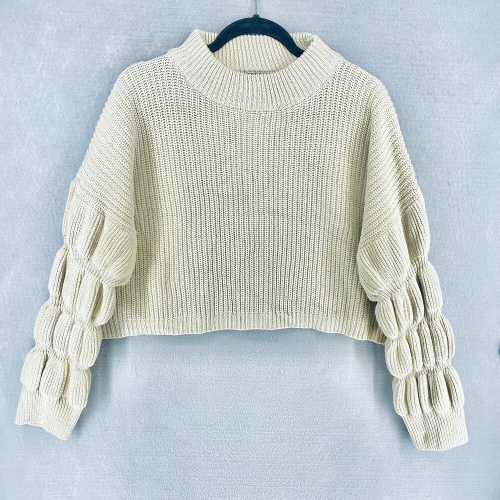Miou Muse Sweater Womens M Cream Ribbed Statement Sleeve Crop Preppy